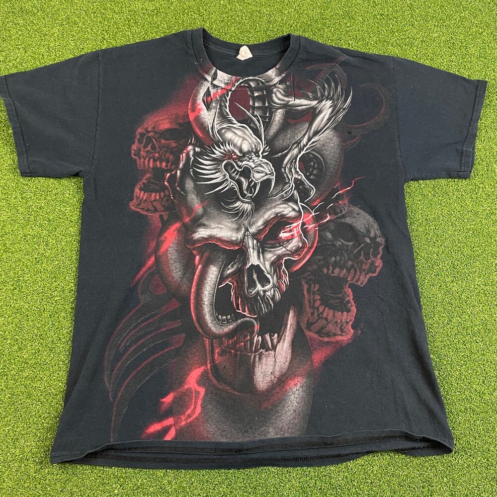 Vintage Y2K 2000s Gildan Black/Red Dragon Skull Gothic Euro Graphic T Shirt Sz L